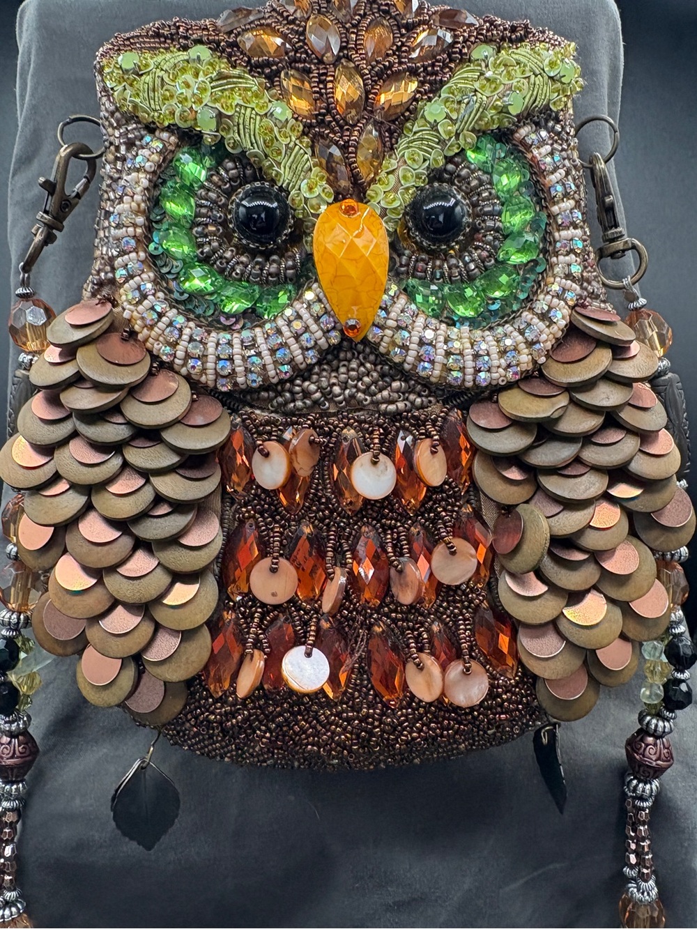 Mary Frances Owl Beaded Crossbody Bag in Brown, Green, Amber